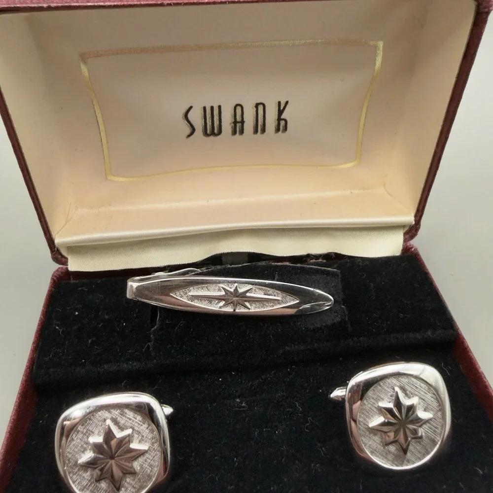 Swank Cufflinks Tie Clip Set Silver Tone Starburst Textured Mens Jewelry Boxed